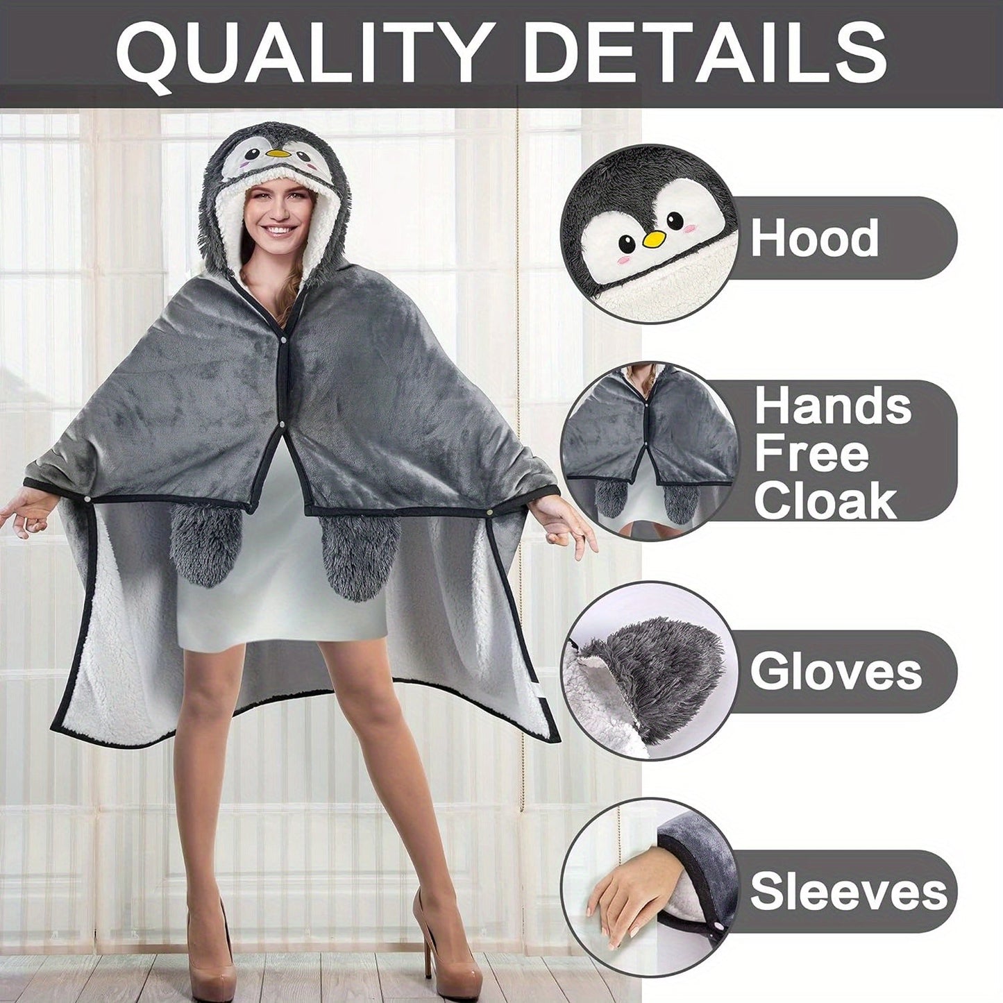 Penguin Hooded Wearable Blanket with Gloves-3