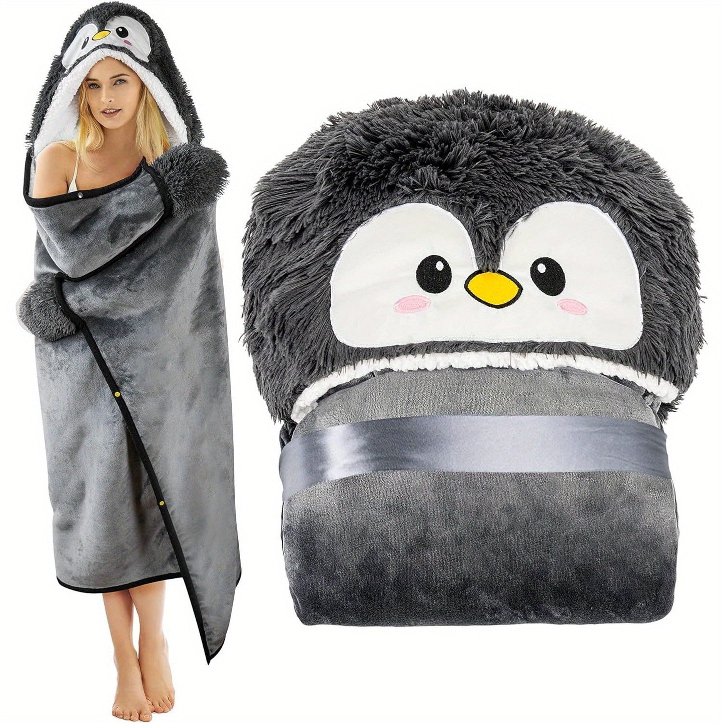 Penguin Hooded Wearable Blanket with Gloves-1