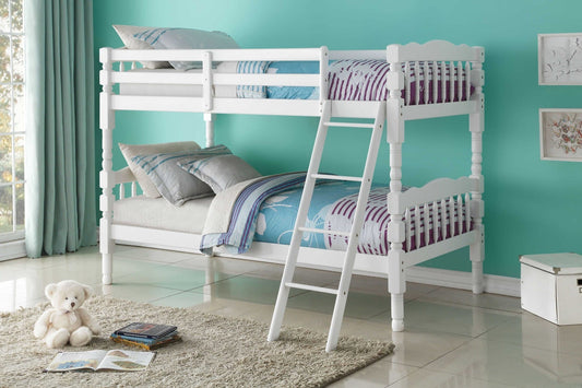 White Twin Transitional Bunk Bed – Kids Bedroom Space-Saving Bed Frame