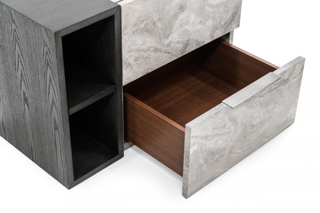 Grey Faux Marble Nightstand – Two Drawer Contemporary Bedside Table – Modern Bedroom
