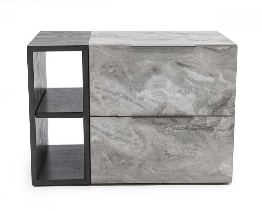 Grey Faux Marble Nightstand – Two Drawer Contemporary Bedside Table – Modern Bedroom