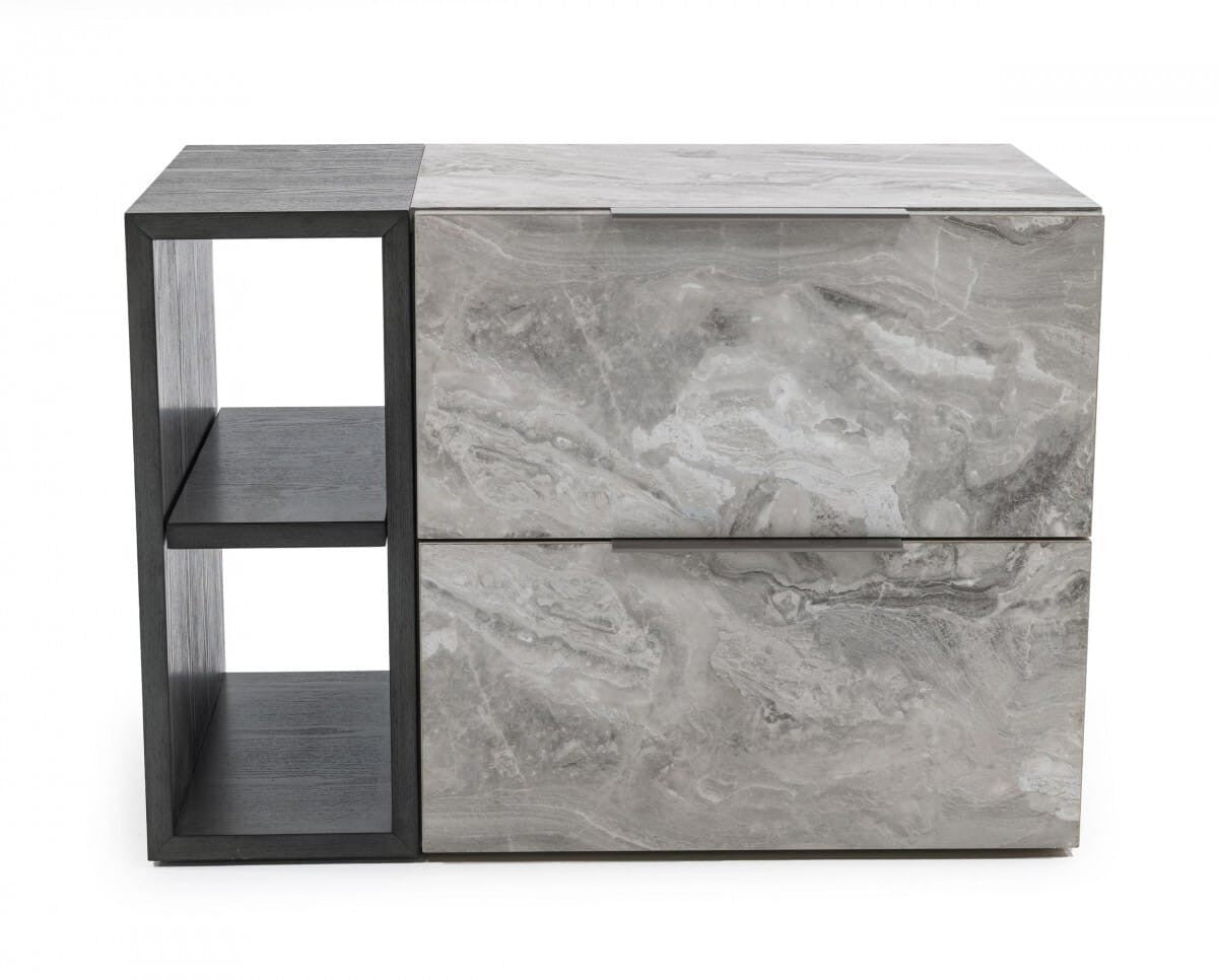 Grey Faux Marble Nightstand – Two Drawer Contemporary Bedside Table – Modern Bedroom