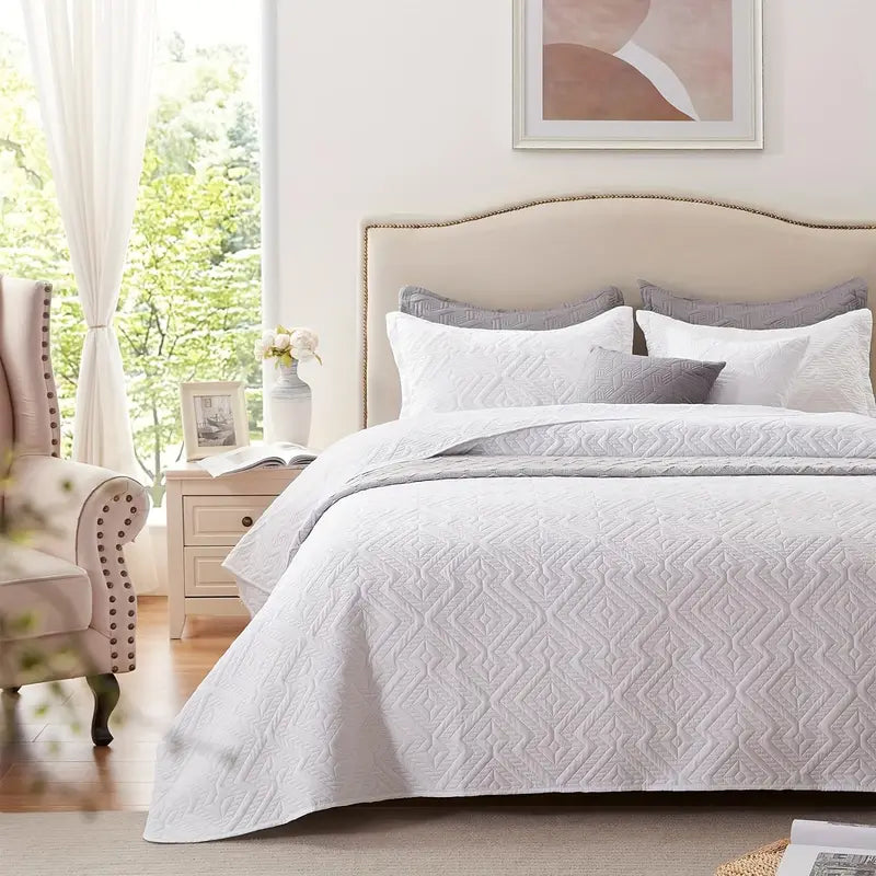 White Microfiber 3-Piece 150GSM Bedspread Set - Queen Size-1