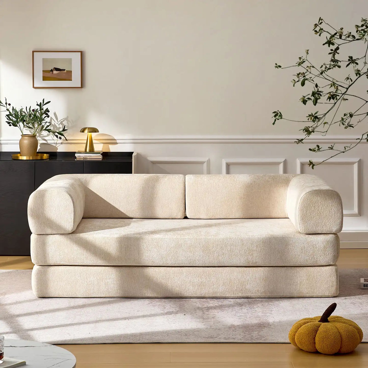 Hugo Cream Vacuum-Packed Convertible Sofa Bed-1