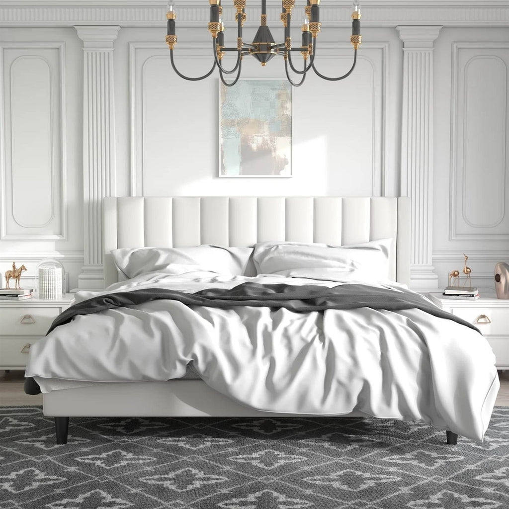 King Size White Velvet Platform Bed – Upholstered Headboard – Luxury Bedroom Furniture