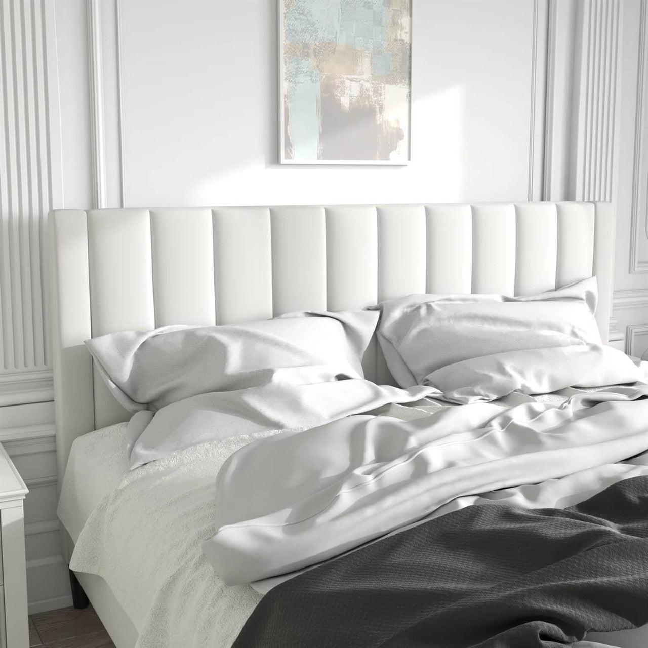 King Size White Velvet Platform Bed – Upholstered Headboard – Luxury Bedroom Furniture