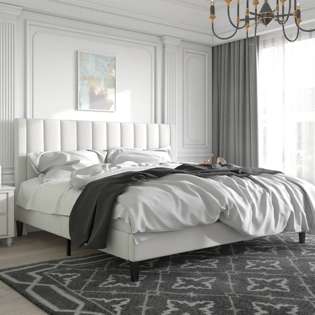 King Size White Velvet Platform Bed – Upholstered Headboard – Luxury Bedroom Furniture