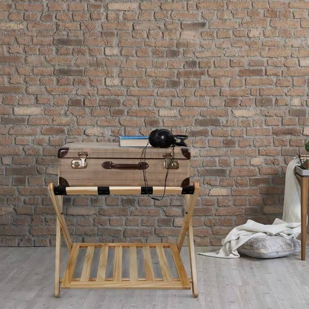 Solid Wood Luggage Rack with Bottom Storage Shelf – Natural & Black – Bedroom & Guest Room