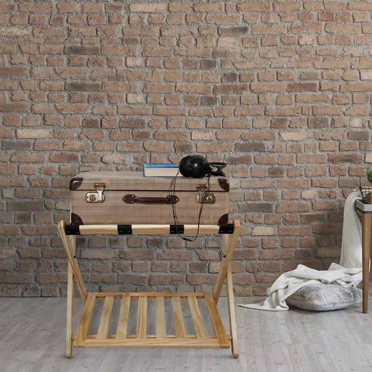 Solid Wood Luggage Rack with Bottom Storage Shelf – Natural & Black – Bedroom & Guest Room