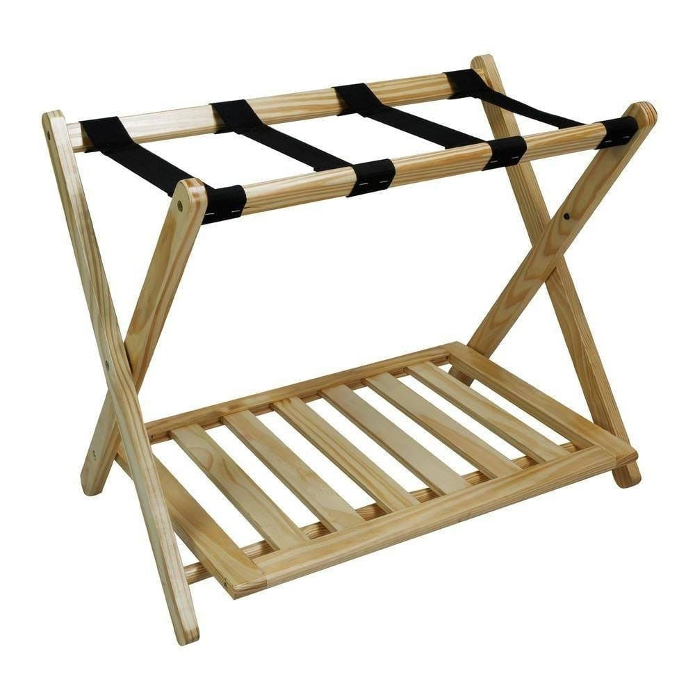 Solid Wood Luggage Rack with Bottom Storage Shelf – Natural & Black – Bedroom & Guest Room