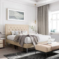 Queen Size Adjustable Platform Bed – Beige Upholstered Headboard – Modern Bedroom Furniture
