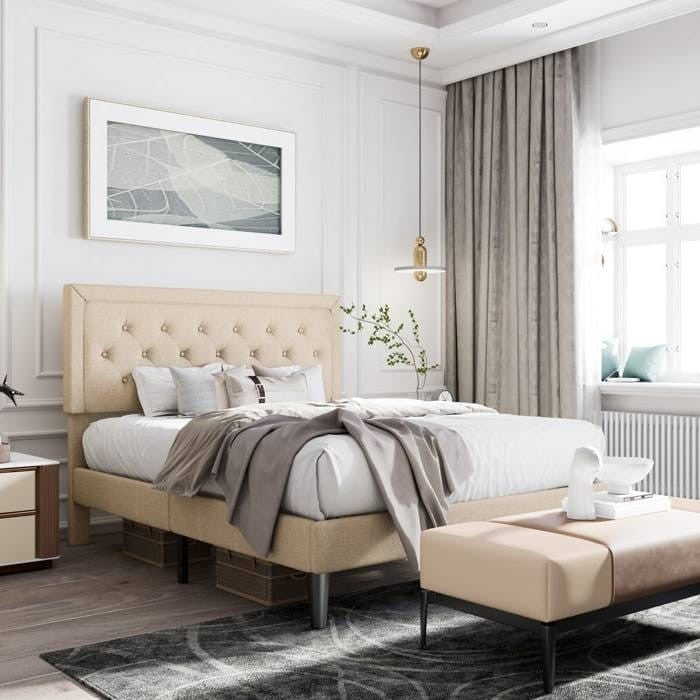 Queen Size Adjustable Platform Bed – Beige Upholstered Headboard – Modern Bedroom Furniture