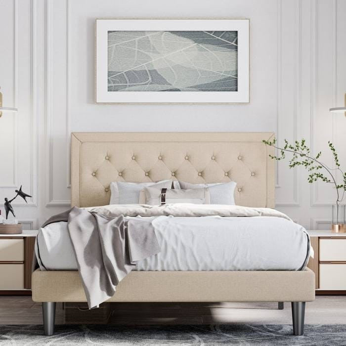 Queen Size Adjustable Platform Bed – Beige Upholstered Headboard – Modern Bedroom Furniture