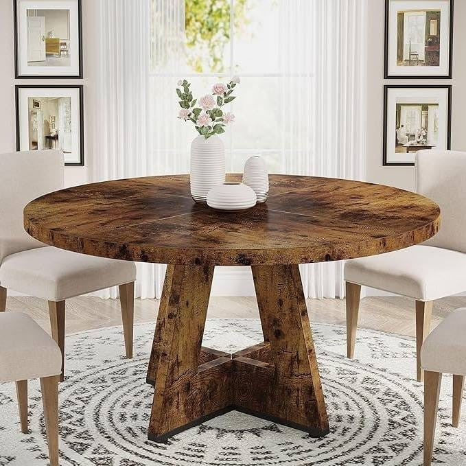 Round Rustic Dining Table for 4 – Brown Wood Farmhouse Kitchen & Dining Room