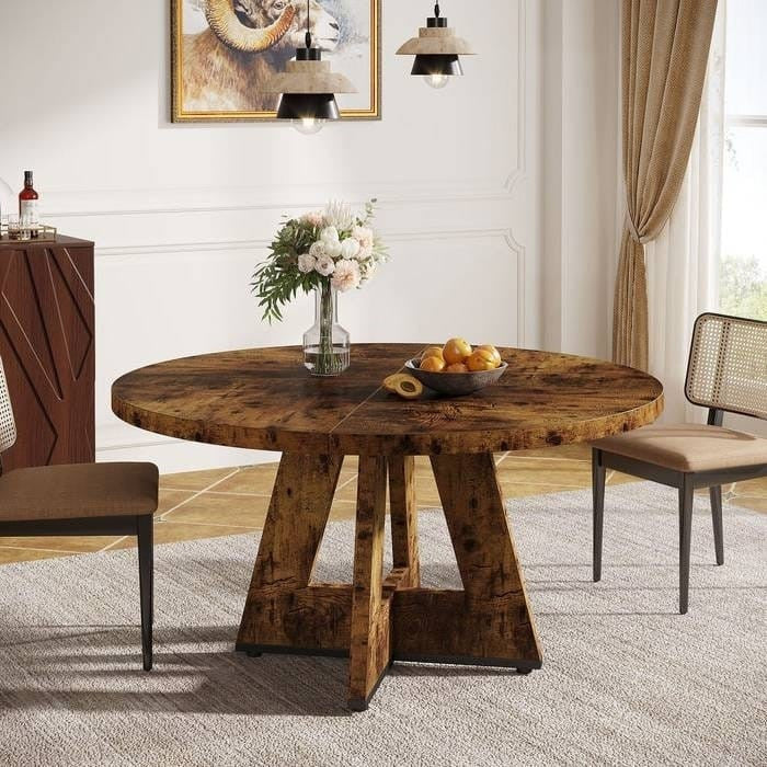 Round Rustic Dining Table for 4 – Brown Wood Farmhouse Kitchen & Dining Room