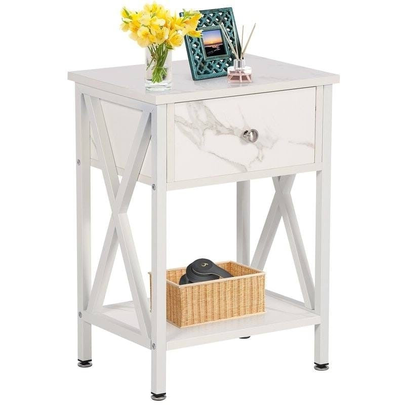 Rustic Farmhouse Nightstand in White – 1 Drawer Bedside Table – Set of 2