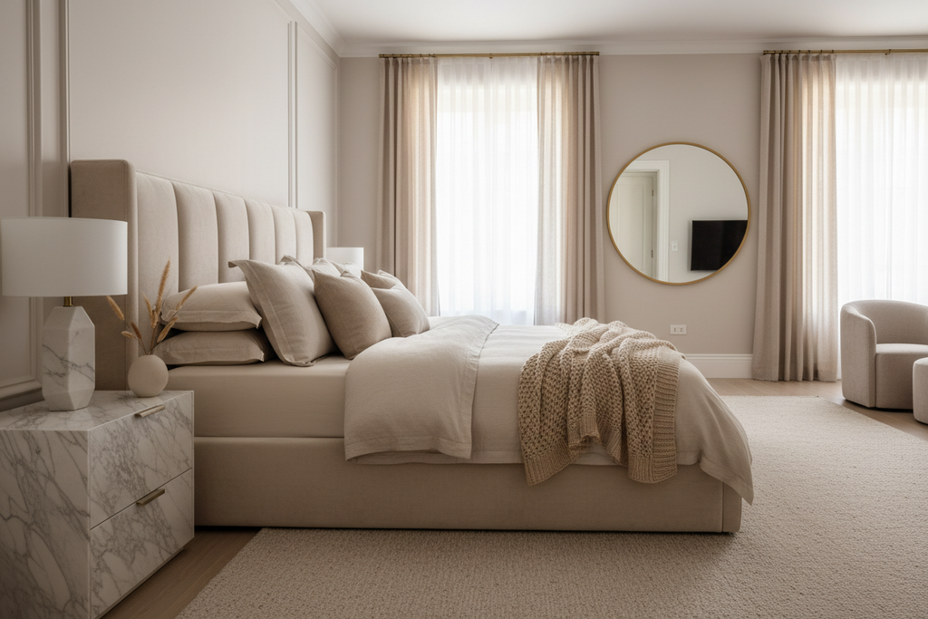 King Size White Velvet Platform Bed styled in a luxury bedroom