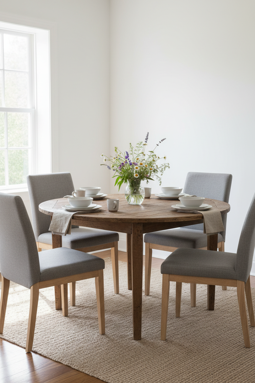 Round rustic farmhouse dining table for 4 in a bright Scandi dining room with grey chairs and wildflowers