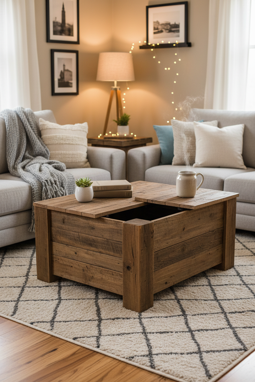 Rustic lift-top coffee table in a cosy living room styled with a grey sofa, throw blanket and books