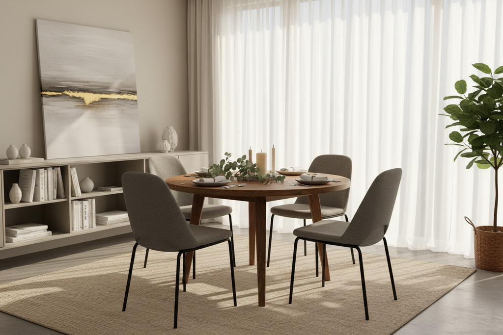 Round rustic brown dining table with grey fabric chairs in a styled dining room