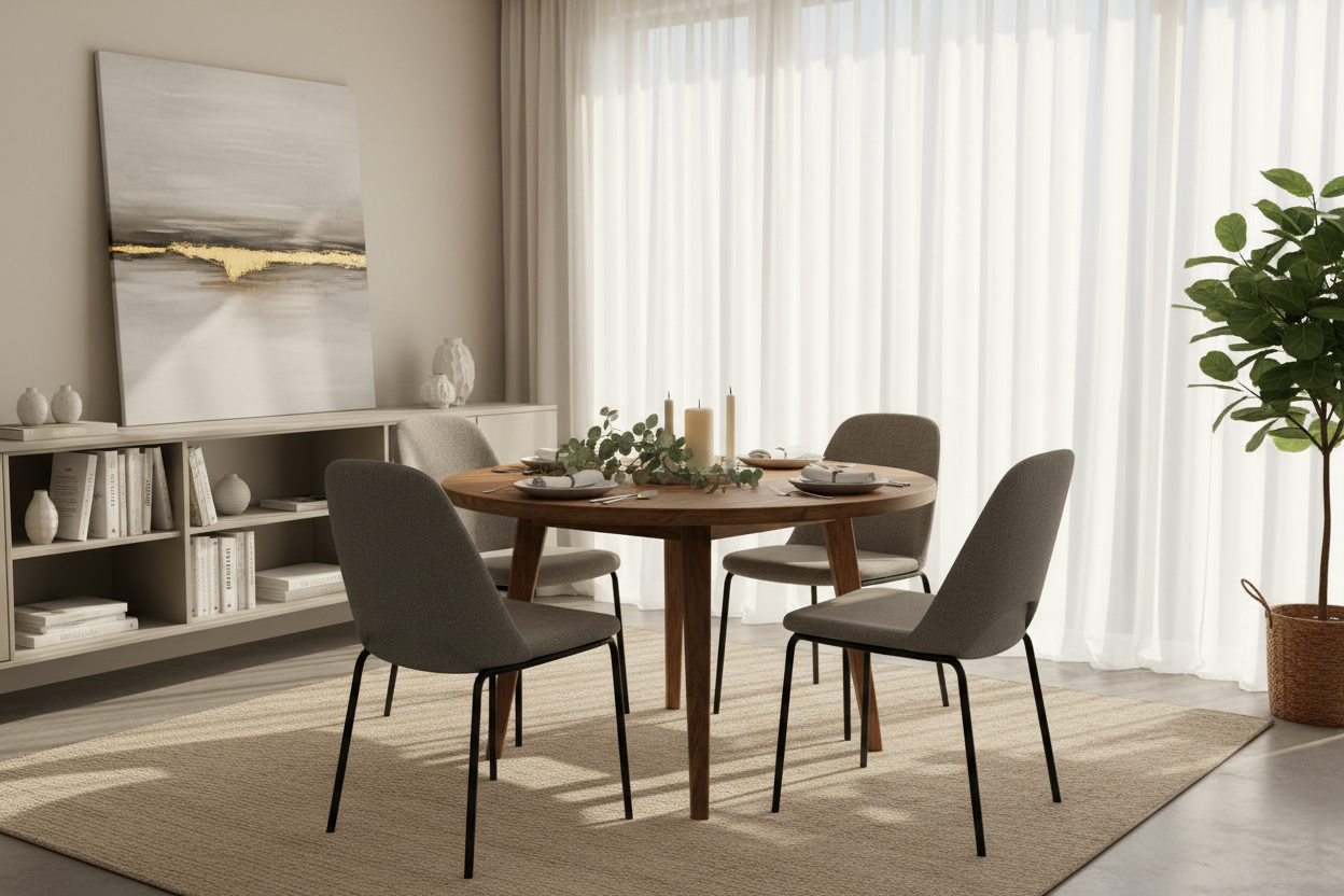 Round rustic brown dining table with grey fabric chairs in a styled dining room