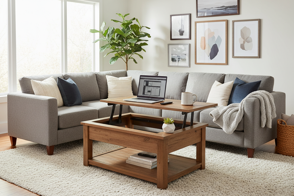 Solid wood lift top coffee table in a cosy styled living room